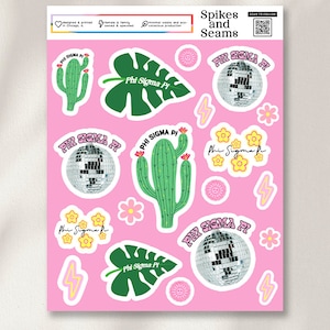 Puede incluir: Una hoja de papel de pegatina rosa con varios diseños. Las pegatinas presentan un cactus, una hoja de monstera, una bola de discoteca, un rayo, una flor y el texto "Phi Sigma Pi".