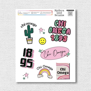 May include: A set of nine stickers featuring a variety of designs, including a cactus, a smiley face, a rainbow, and the text "Chi Omega 1895". The stickers are in a variety of colours, including pink, green, yellow, and blue.