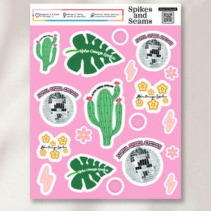 May include: A sheet of pink stickers featuring a variety of designs, including cacti, monstera leaves, disco balls, lightning bolts, and flowers. The stickers are all decorated with the text "Alpha Omega Epsilon".