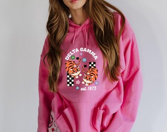 Delta Gamma, sudadera con capucha de hermandad moderna, sudadera con capucha de hermandad elegante, suéter de hermandad personalizado, sudadera con capucha con letras griegas, sudadera de hermandad acogedora