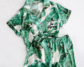 SCRIPT FONT Tri Sigma, Sigma Sigma Sigma, tropical pajamas, banana leaf pajamas, bid day, rush, sorority pajamas, pjs, recruitment