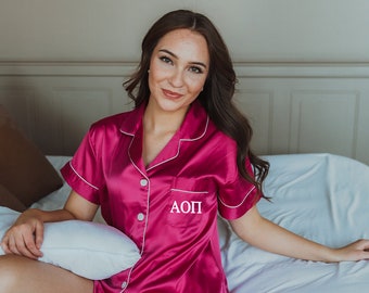 GREEK LETTERS Alpha Omicron Pi pajamas, AOii, Alpha O, sorority, bid day, rush, pajamas, custom pajamas, satin pajamas, sorority pjs, AOPi