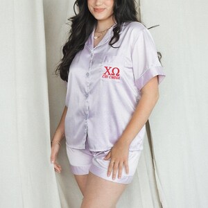 lavender pajamas, sorority pajamas, Chi Omega, Chi Omega pajamas, sorority gift basket, rose gold pajamas, sorority gift, rose gold pjs