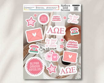 Alpha Omega Epsilon, Alpha Omega merch, Studentenverbindungsaufkleber, Einstellung, Bid Day, griechischer Aufkleber, Schwesternschaftsgeschenkkorb, Geschenktasche, Alpha Omega