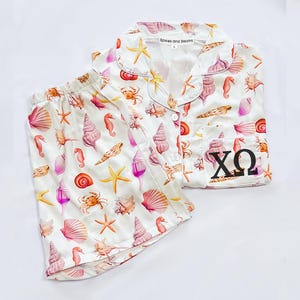 GREEK LETTERS| Chi Omega pajamas, sorority pajamas, seashell pajamas, Chi Omega gift, Chi O, greek rush, beach pajamas, tropical print pjs