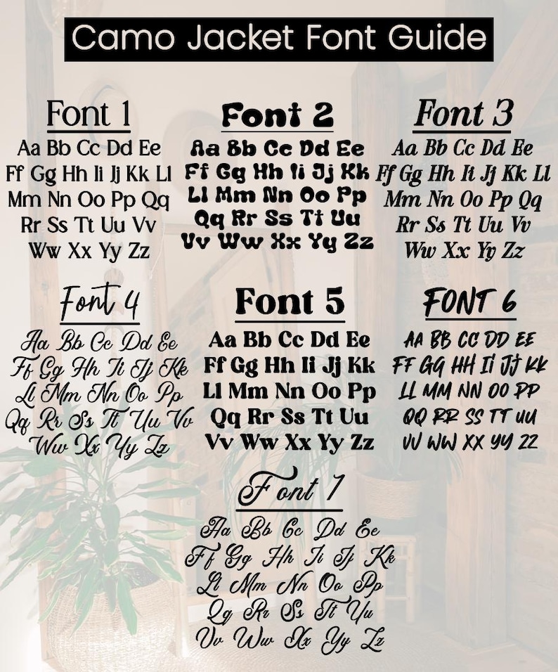 Puede incluir: Una gu&iacute;a de diferentes estilos de fuente para una chaqueta de camuflaje. La imagen muestra seis estilos de fuente diferentes, cada uno con el alfabeto de la A a la Z. Las fuentes est&aacute;n etiquetadas como "Fuente 1", "Fuente 2", "Fuente 3", "Fuente 4", "Fuente 5" y "Fuente 6".