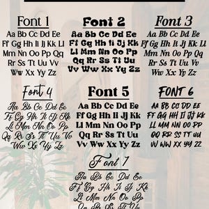 May include: A guide to different font styles for a camo jacket. The image shows six different font styles, each with the alphabet from A to Z. The fonts are labeled "Font 1", "Font 2", "Font 3", "Font 4", "Font 5", and "Font 6".
