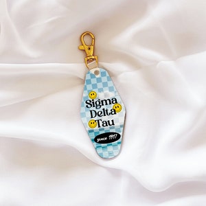 Sigma Delta Tau, Sig Delt, SDT, sorority keychain, recruitment, big little, tassel keychain, motel key, custom keychain, bid day, SDT gift