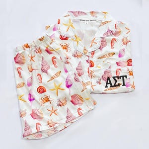 Alpha Tau, Alpha Sigma Tau, sorority pajamas, sorority gift bag, sorority gift basket, seashell pajamas, beach pajamas, Alpha Tau merch