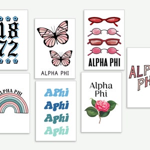 May include: Set of eight printable digital art prints featuring various designs in pink, blue, and green. The prints include butterflies, sunglasses, rainbows, and the text "Alpha Phi".