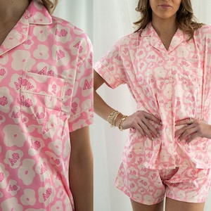 Alpha Phi Sorority Pajamas – Custom PJ Set with Greek Letters, Big Little Reveal Gift - Alpha Phi Satin Pajamas - Sorority Pattern Pajamas