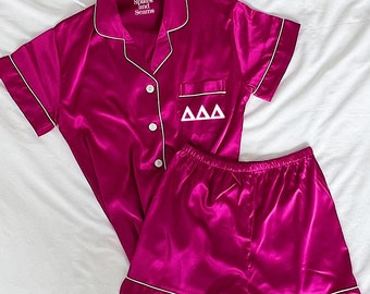 GREEK LETTERS | Delta Delta Delta, Tri Delta, bid day, rush, sorority gift, pajamas, custom pajamas, pajama set, satin pajamas, sorority pjs