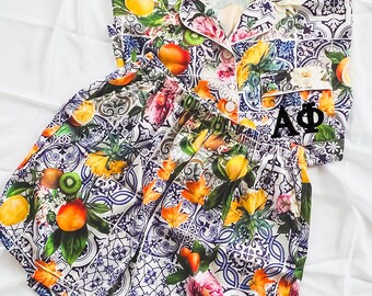GREEK LETTERS| Alpha Phi pajamas, patchwork pajamas, sorority pajamas, bid day, fruit print pajamas, fruit  custom pajamas, APhi gift, APhi