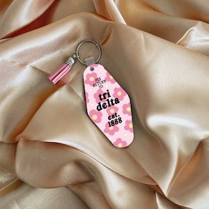 Tri Delta keychain, Delta Delta Delta, sorority keychain, recruitment, big little, tassel keychain, motel key, custom keychain, bid day, key