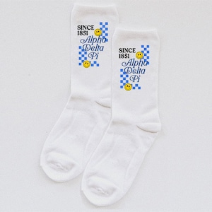 alpha delta pi, adpi socks, sorority socks, custom socks, sorority, bid day, recruitment, rush, big little reveal, sorority gift, socks