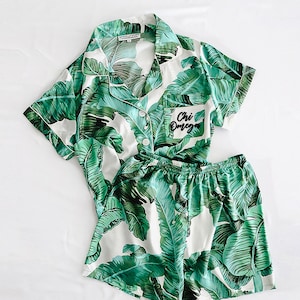 Custom Satin Pajamas Banana Leaf Pajamas Tropical Pajamas