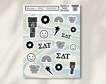 Pegatinas de Sigma Delta Tau, productos de Sig Delta Tau, pegatinas de hermandad, reclutamiento, día de licitación, calcomanía griega, canasta de regalo de hermandad, bolsa de regalo, SDT