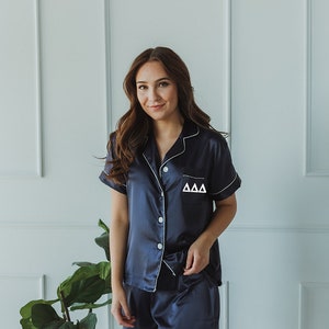 GREEK LETTERS | Delta Delta Delta, Tri Delta, bid day, rush, sorority gift, pajamas, custom pajamas, pajama set, satin pajamas, sorority pjs