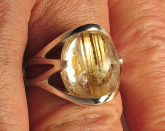 Mens/Ladies Rutilated Quartz Ring/ Sterling Silver/ Size 10.5/ 15x13mm. Rutilated Quartz 13.96cts/ Unique Artisan Original Design Euro Shank