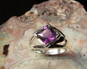 Mens Amethyst Ring/ Amethyst Silver Ring/ Size 9.5/ Sterling Silver/ Big bright 8mm African Amethyst/ Unique Artisan Handmade Design