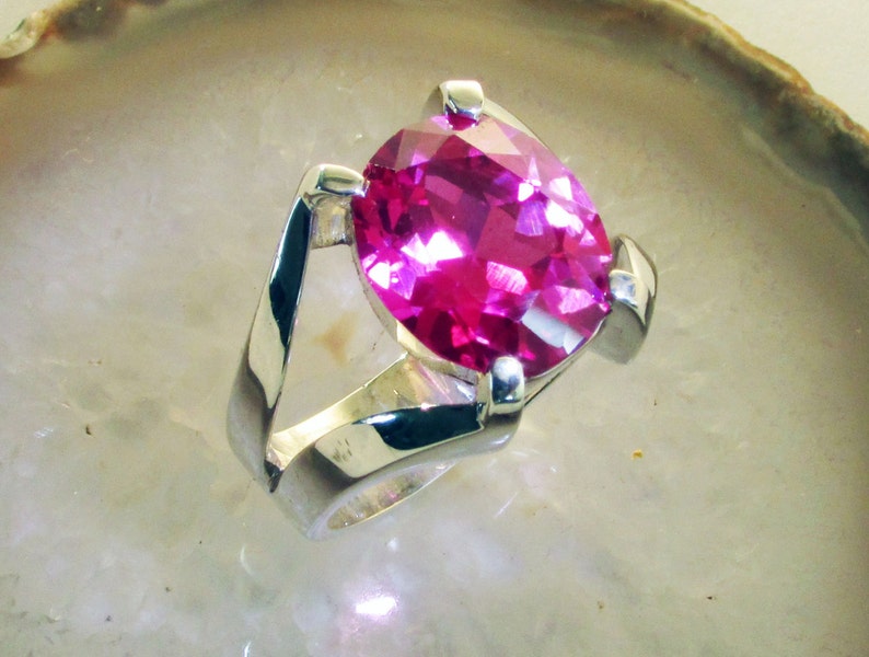 Pink Sapphire ring, Sterling Silver, Created 14x12mm gem, Size. 9.75, Unique Original Bold Quality Design, Hidden gallery for a light look image 3