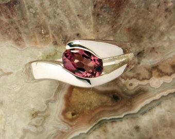 Rhodolite Garnet Silver Ring, Rosa Garnet Ring, Size 6.5, Sterling Silver, Oval 7x5mm Rhodolite Garnet, .58cts., Channel Set, Curvy+dramatic
