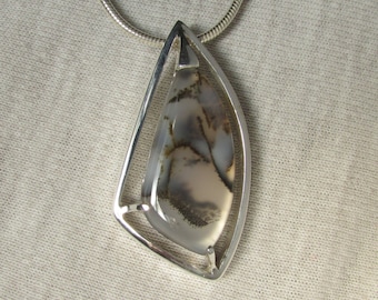 Montana  Agate Sterling Silver Pendant, 28x14mm free-form cabochon, Wide open light catching custom design, Unique Artisan Original Design
