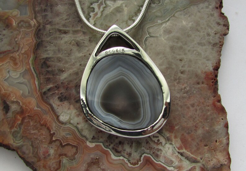 Botswana Agate Pendant/ Sterling Silver/ One of a kind original design, Super slim profile, Open polished back, Burnish set, Chain not inc. image 3