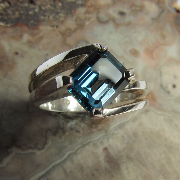 Blue Topaz Ring/ Blue Topaz Silver Ring/ Size 7.0 / Sterling Silver/ 9x7mm Swiss Dark Blue color/ Blue Topaz at 45 deg angle Open Airy Style