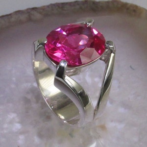 Pink Sapphire ring, Sterling Silver, Created 14x12mm gem, Size. 9.75, Unique Original Bold Quality Design, Hidden gallery for a light look image 1