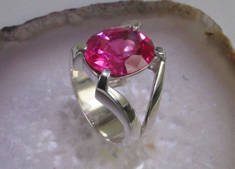 Pink Sapphire ring, Sterling Silver, Created 14x12mm gem, Size. 9.75, Unique Original Bold Quality Design, Hidden gallery for a light look image 1