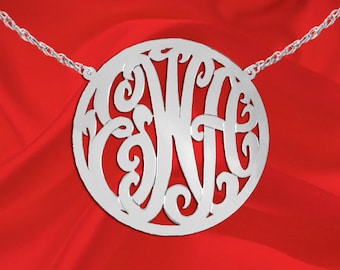 Circle Boarder Monogram Necklace - 2 inch Sterling Silver Handcrafted Designer Personalized Initial Necklace Classic Gifts - Made in USA