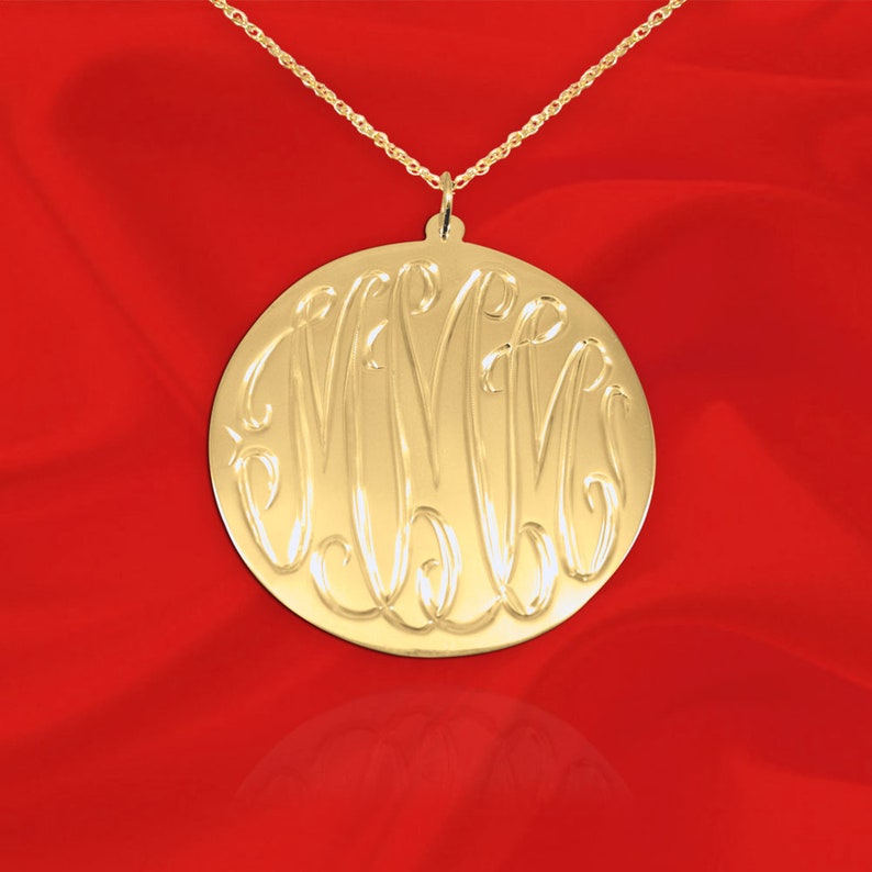 Monogram Disc Pendant Hand Engraved 24K Gold Plated Sterling Silver Personalized Initial Disc Necklace Monogrammed Gift Made in USA image 7