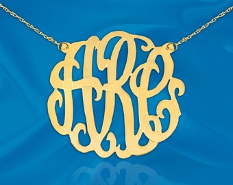 Monogram Necklace - 1.5 inch - 925 Sterling Silver 24K Gold Plated - Handcrafted Designer - Personalized Initial Necklace - Made in USA