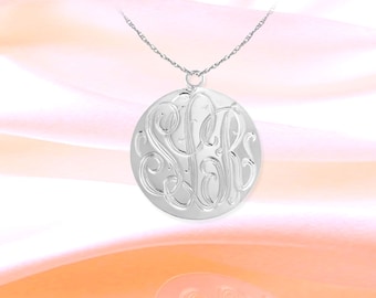 Monogram Disc Necklace - Hand Engraved - Sterling Silver - Personalized Initial Monogram Pendant - Gift for her - Mothers Gift - Made in USA