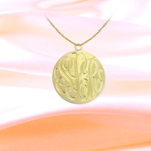 Monogram Disc Pendant Hand Engraved 24K Gold Plated Sterling Silver Personalized Initial Disc Necklace Monogrammed Gift Made in USA Gold plated Silver 1 inches