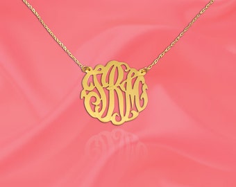 Monogram Necklace -.5 inch 24K Gold Plated Sterling Silver Personalized Monogram Handcrafted Designer Initial Necklace - Made in USA