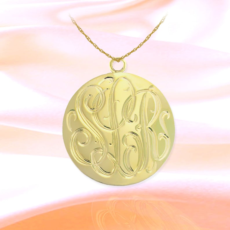 Monogram Disc Pendant Hand Engraved 24K Gold Plated Sterling Silver Personalized Initial Disc Necklace Monogrammed Gift Made in USA Goldplatesilver 1.25 inches