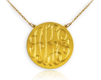 Custom Monogrammed Disc Necklace Hand Engraved - 24K Gold Plated Sterling Silver - Personalized Initial Disc Necklace Gifts - Made in USA