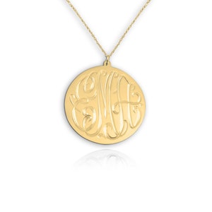 Monogram Disc Pendant Hand Engraved 24K Gold Plated Sterling Silver Personalized Initial Disc Necklace Monogrammed Gift Made in USA image 4