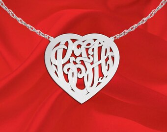 Heart Monogram Necklace - 1 inch Sterling Silver Handcrafted Designer Heart Border Monogram Initial Necklace - Made in USA
