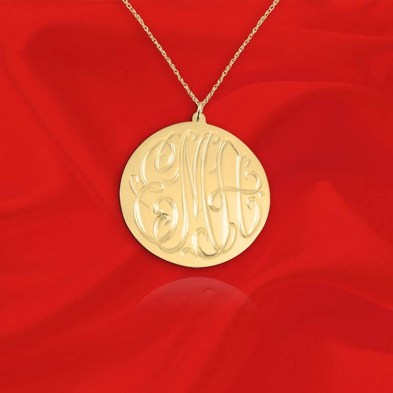 Monogram Disc Pendant Hand Engraved 24K Gold Plated Sterling Silver Personalized Initial Disc Necklace Monogrammed Gift Made in USA image 6