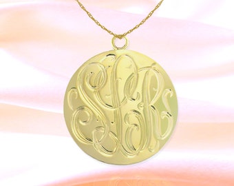 Monogram Disc Pendant 1.25 inch 24K Gold Plated Sterling Silver - Hand Engraved - Personalized Initial Disc Necklace - Made in USA