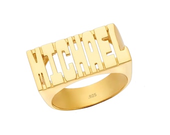 Name Ring 24K Gold Plated Sterling Silver - Personalized Name Ring - Custom Name Ring with Name of Your Choice Size 4 thru 12 - Made in USA