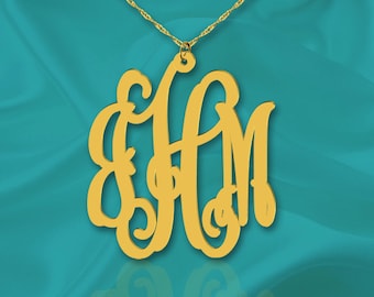 Collier monogramme de vigne 1.25 pouces 24K Plaqué or argent sterling - Découpe artisanale - Cadeau de collier initial personnalisé - Fabriqué aux États-Unis