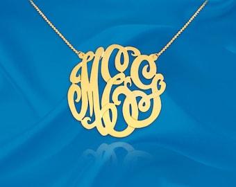 Gold Monogram Necklace - 1 inch Handcrafted Designer - 24K Gold Plated Sterling Silver - Personalized Monogram Initial Necklace Made in USA