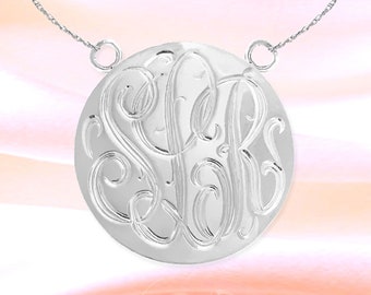 Disc Monogram Necklace Personalized - Monogram Disc Necklace 1.5 inch Sterling Silver  - Hand Engraved Custom Initial Necklace - Made in USA