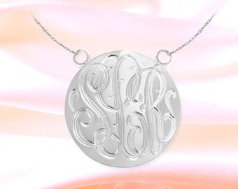 Personalized Monogram Disc Necklace 1.25 Inch - Monogram Disc Hand Engraved Sterling Silver - Initial Monogram Disc Necklace - Made in USA