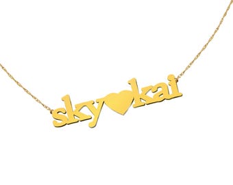 Heart Name Necklace 24K Gold Plated Sterling Silver Personalized Name Handcrafted in USA
