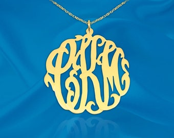 Monogram Necklace 1.25 inch 24K Gold Plated Sterling Silver Personalized Initial Necklace Handcrafted USA